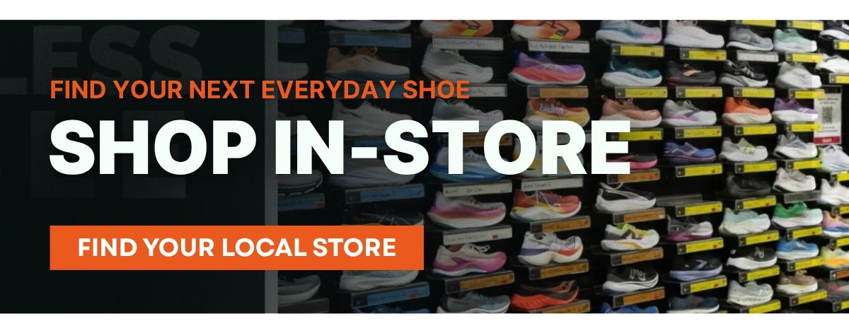 Image of wall of shoes with the text "Shop In-store"
