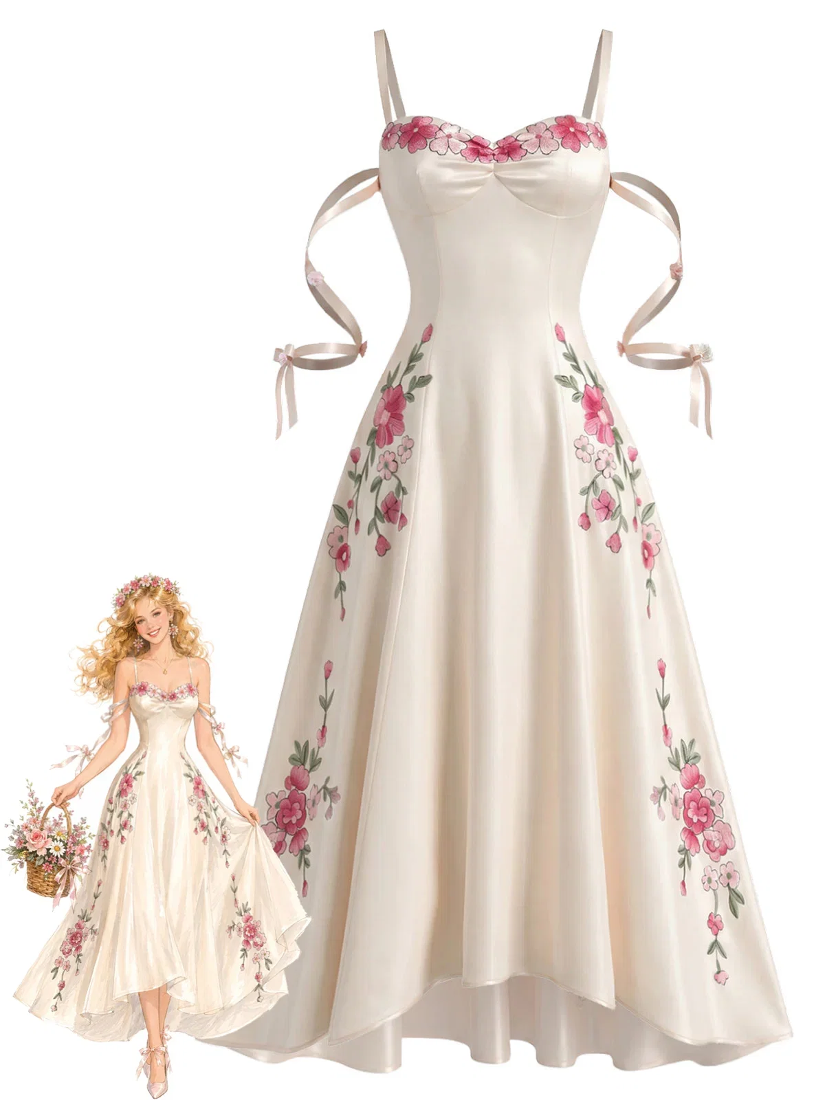 [Pre-Sale] White 1940s 3D-Floral Satin Hollow Slip Dress