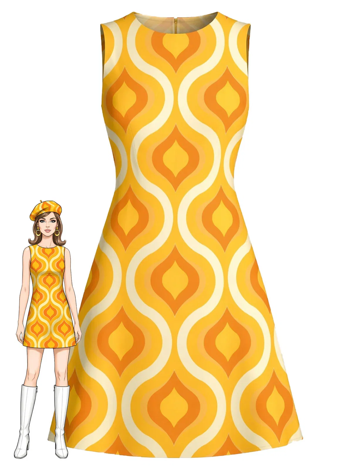 Orange 1960s Mod Geometric Print Sleeveless A-Line Dress