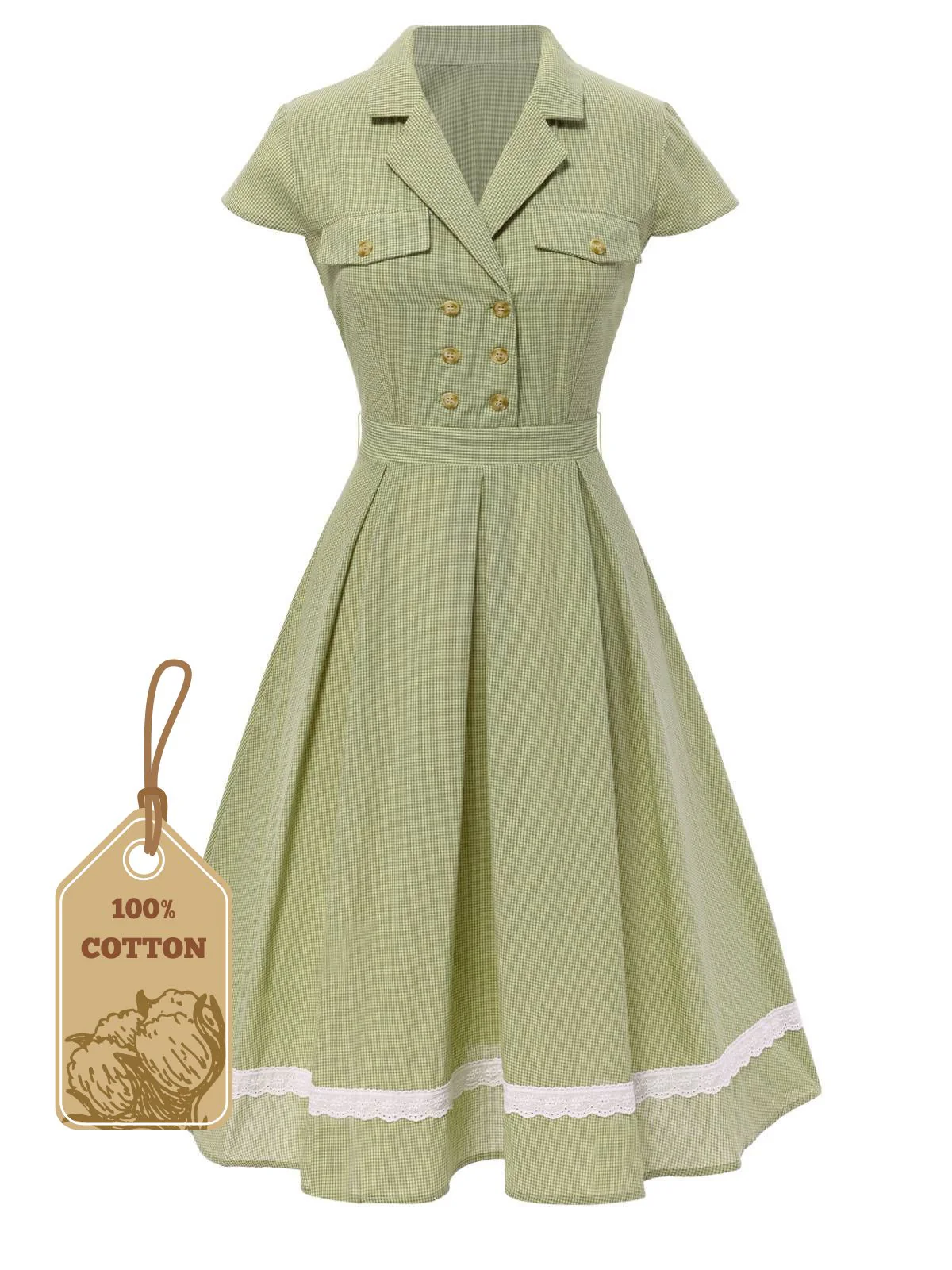 Green 1940s Lace Plaid Cotton Patchwork Dress
