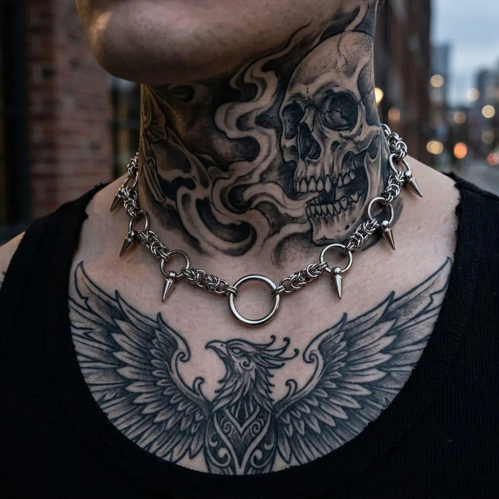 Image of Hip-Hop Y2K Ring And Spikes Stainless Steel Choker Necklace