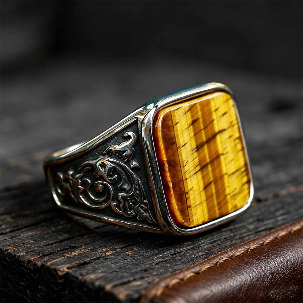 Image of Vintage Wood Grain Gemstone Stainless Steel Ring