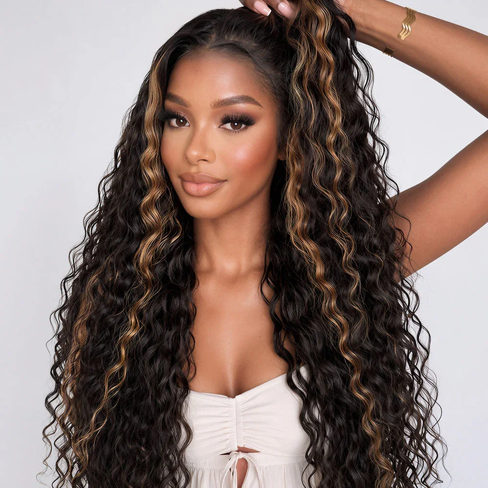 Megalook 13x6 Three-Go™ Honey Blonde Money Piece Glueless Wigs Bohemian Curl with Drawstring 100% Human Hair Wig