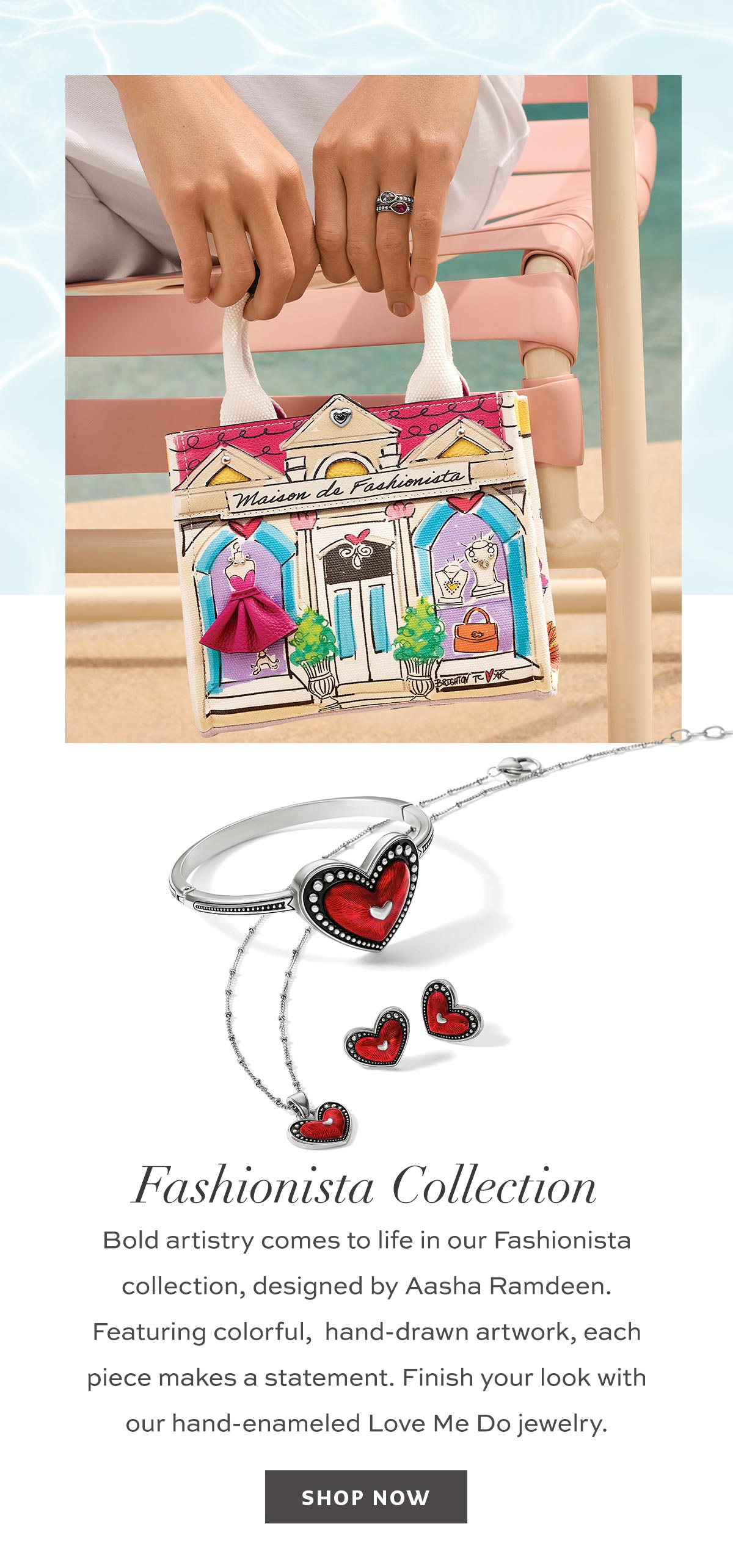 Fashionista Collection - Bold artistry comes to life in our Fashionista collection, designed by Aasha Ramdeen. Featuring colorful, hand-drawn artwork, each piece makes a statement. Finish your look with our hand-enameled Love Me Do jewelry. - Shop Now