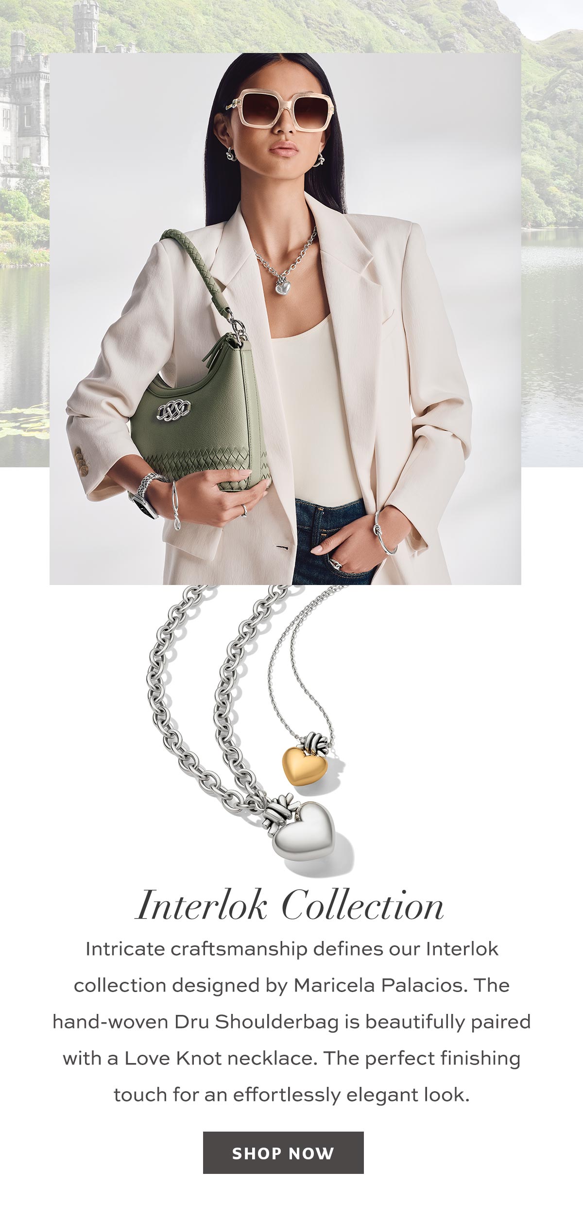Interlok Collection - Intricate craftsmanship defines our Interlok collection designed by Maricela Palacios. The hand-woven Dru Shoulderbag is beautifully paired with a Love Knot necklace. The perfect finishing touch for an effortlessly elegant look. - Shop Now