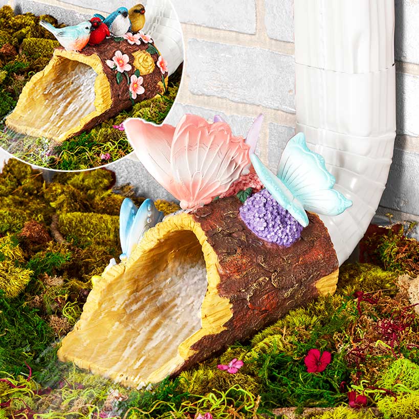 Image of Down Spout Cover Wood Log With Butterflies Or Birds