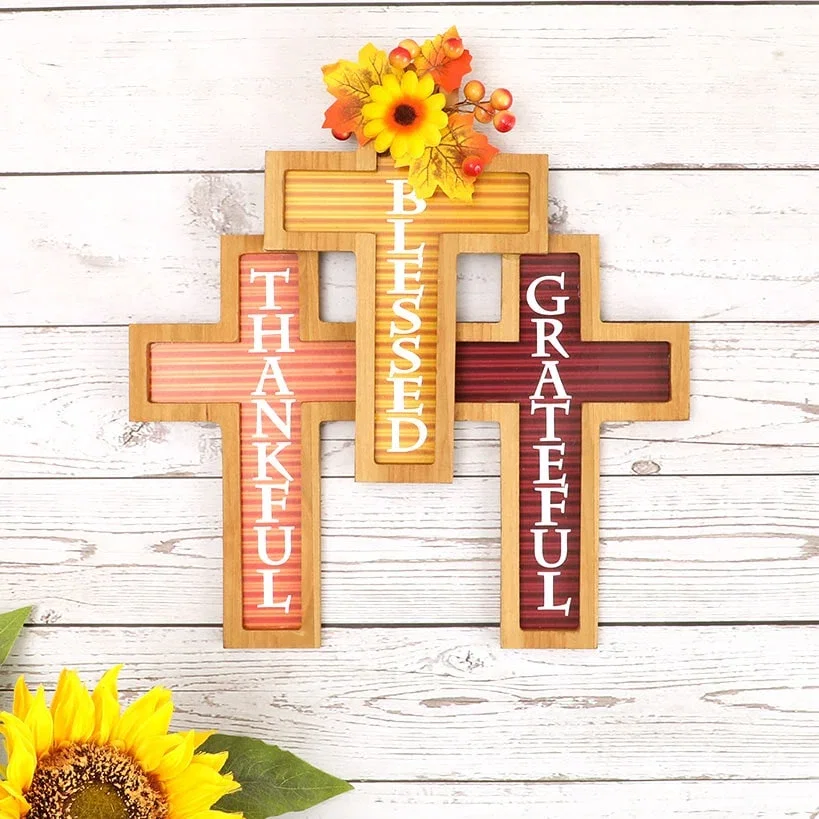 Image of Cross Harvest Wall Decor With Sentiment Thankful Blessed And Grateful
