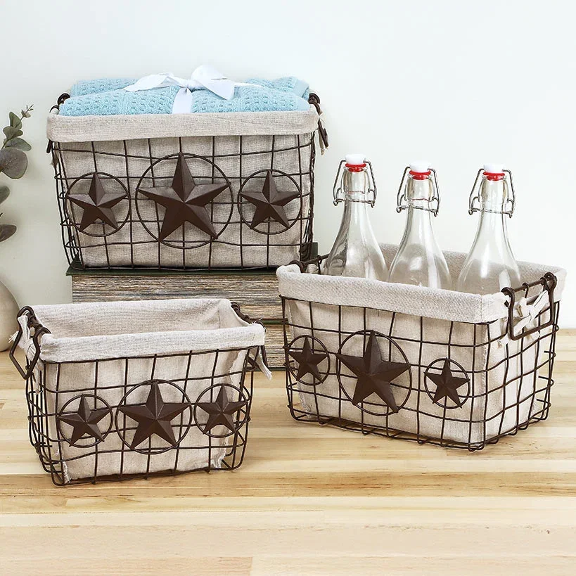 Image of Brown Metal Storage Baskets with Star Accent and Polyester Lining Set of 3