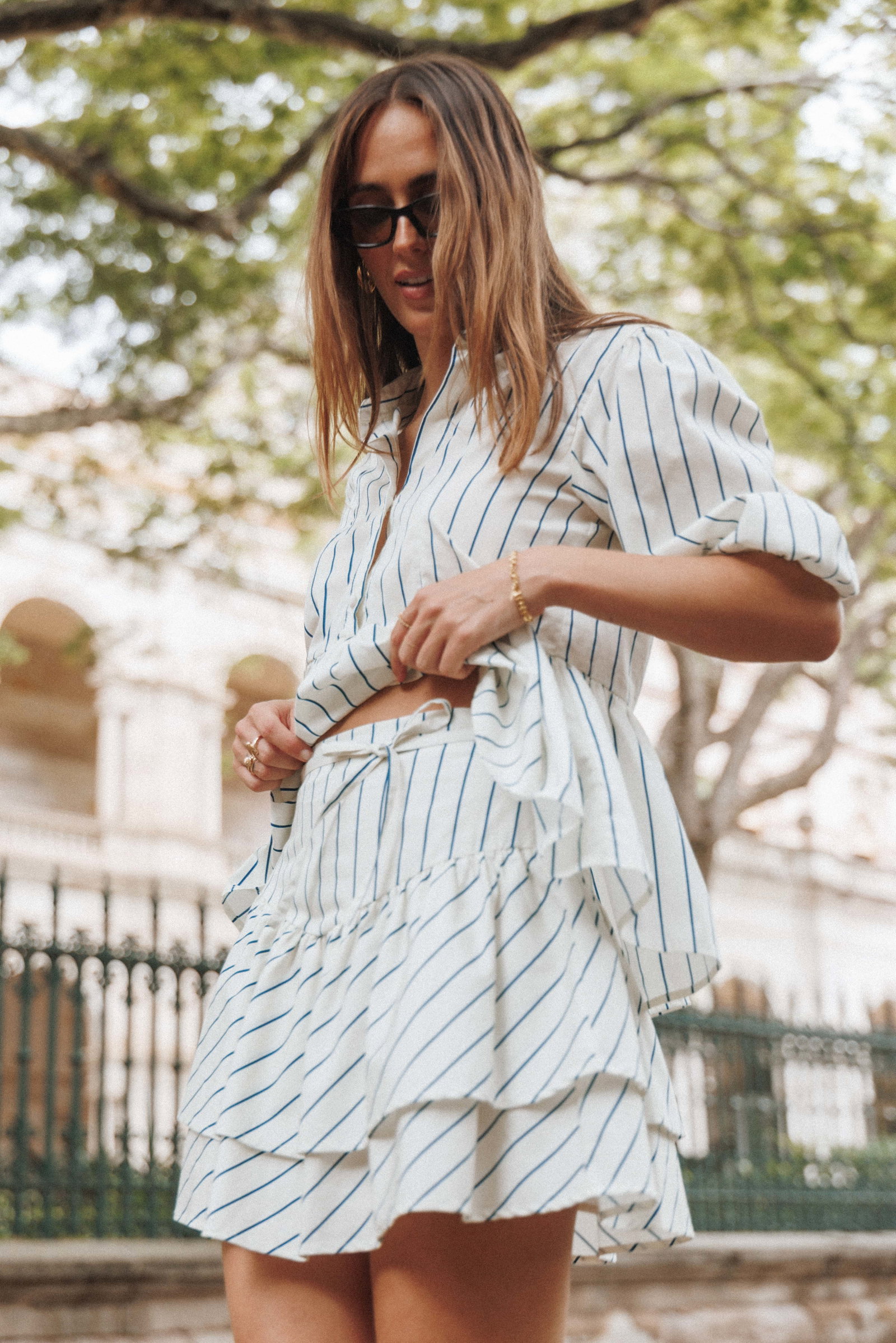 Image of Sybella Frill Basque Skirt - Yellow/Blue Stripe