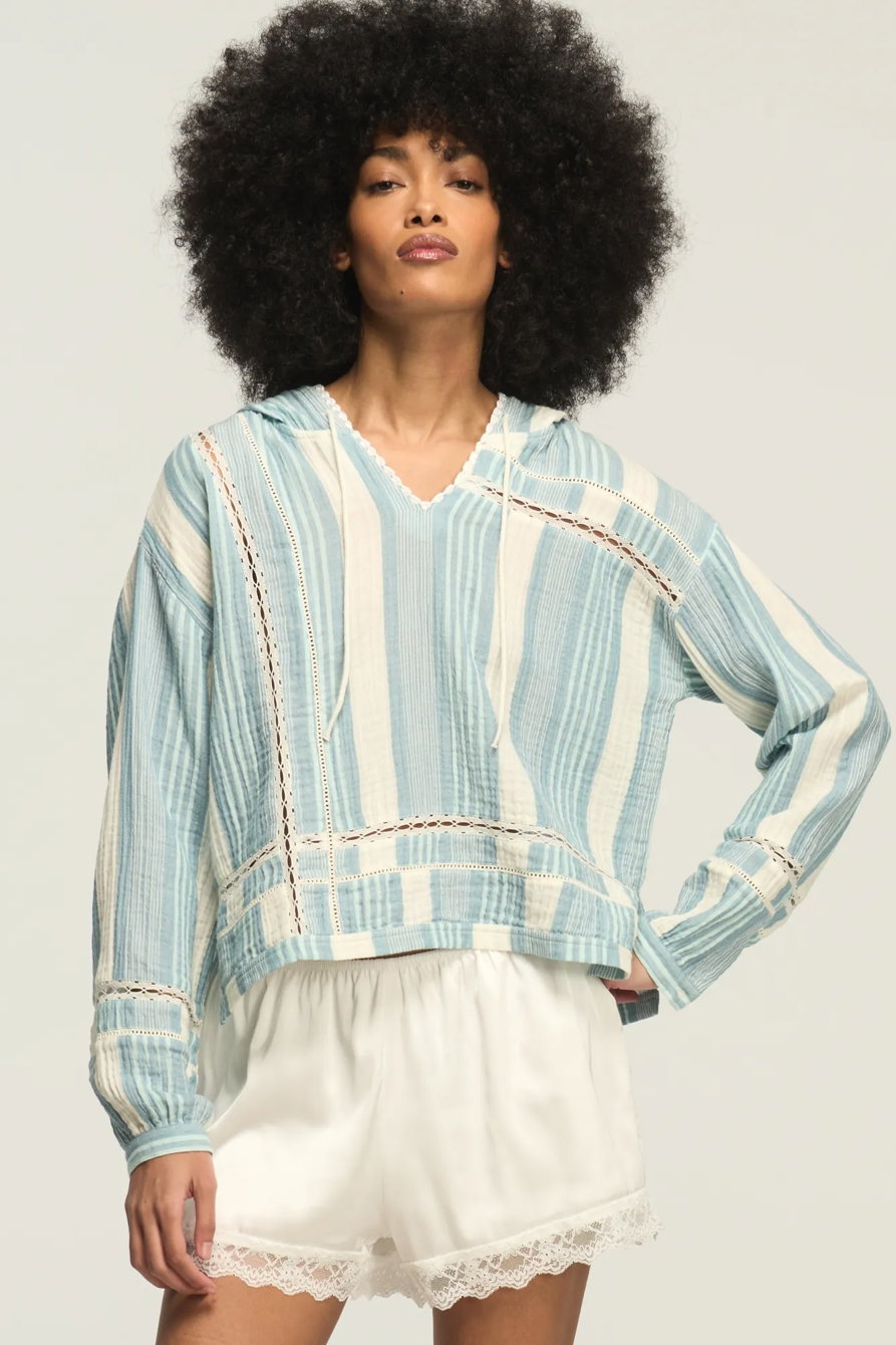 Image of Lucky Brand Trimmed Gauze Hoodie - Women's Clothing Outerwear Sweatshirts Crewneck Hoodies in Blue Stripe
