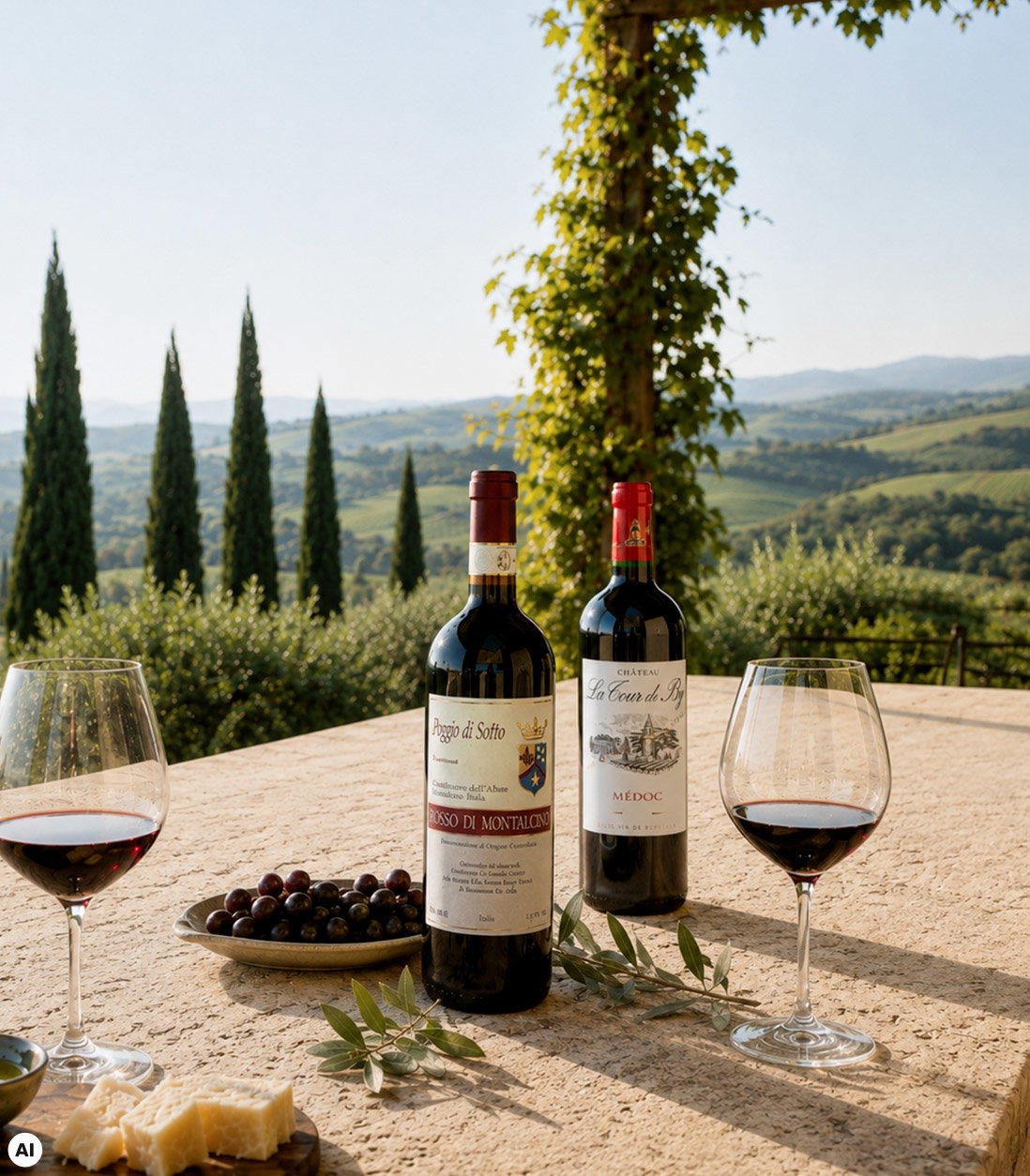 Two red wine bottles and glasses on a stone table with grapes and cheese, overlooking a Tuscan vineyard landscape