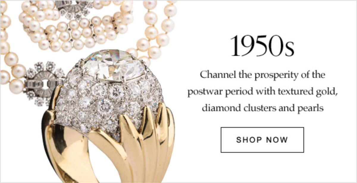 1950s Channel the prosperity of the postwar period with textured gold, diamond clusters and pearls | SHOP NOW