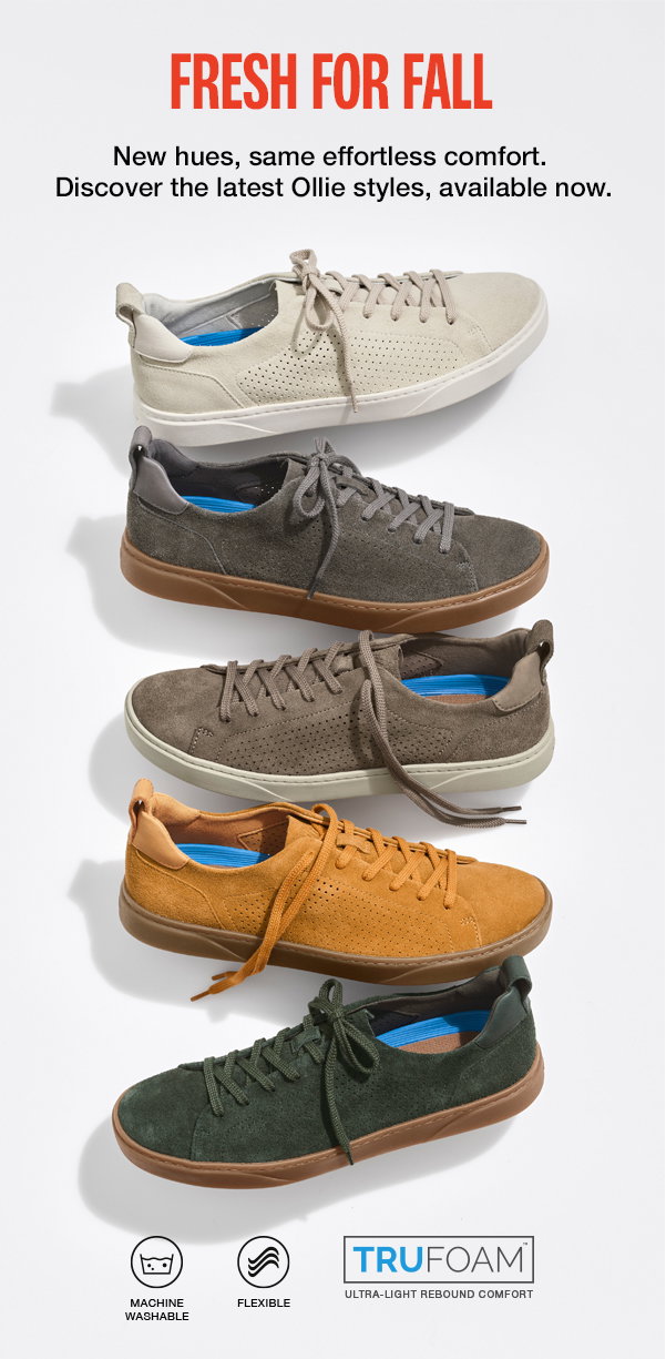 Five Ollie sneakers in new fall colors displayed on a white background. Text reads: 