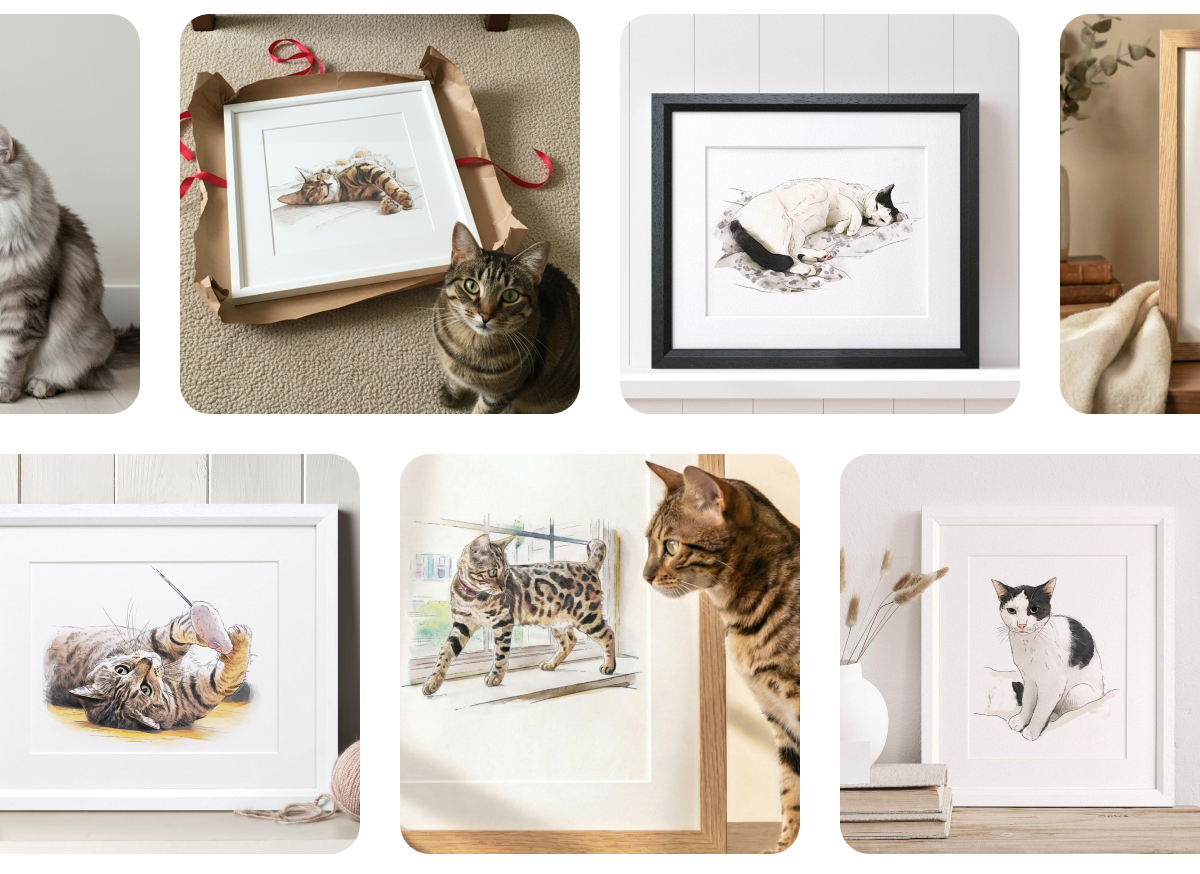 A collection of watercolour cat portraits shown alongside the cats they were made from, including tabby, black and white, and Bengal cats displayed in wooden and white frames