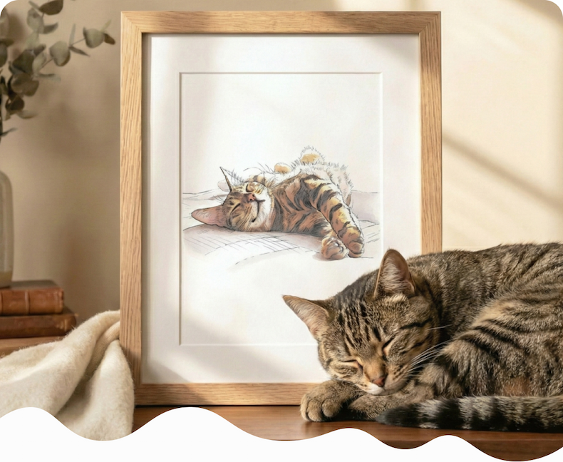 A tabby cat sleeping beside a framed watercolour illustration of itself, displayed on a wooden surface with books and a blanket in the background
