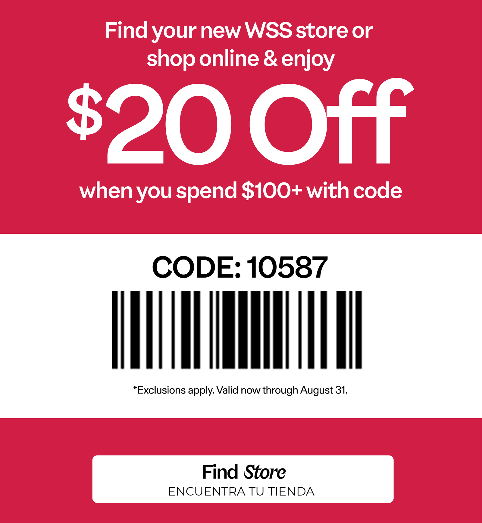 Save $20 off $100 with code 10587