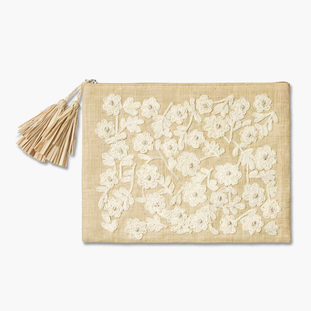 THALIA EMBROIDERED RAFFIA LARGE POUCH