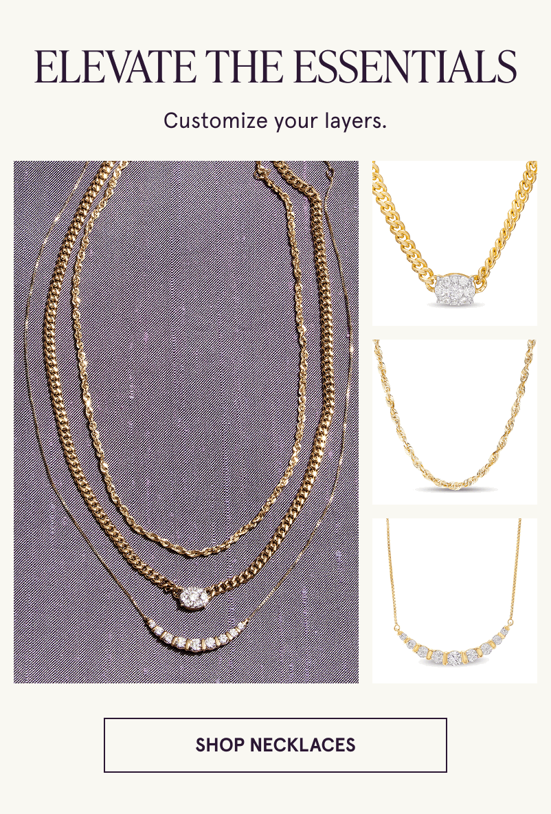 Two gold diamond necklaces and a gold rope necklace. Customize your layers. Click here to shop necklaces