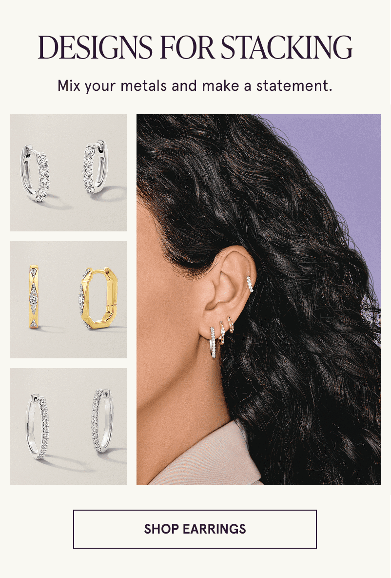 A model wearing four diamond hoop earrings and close ups of hoops. Make a statement. Click here to shop earrings