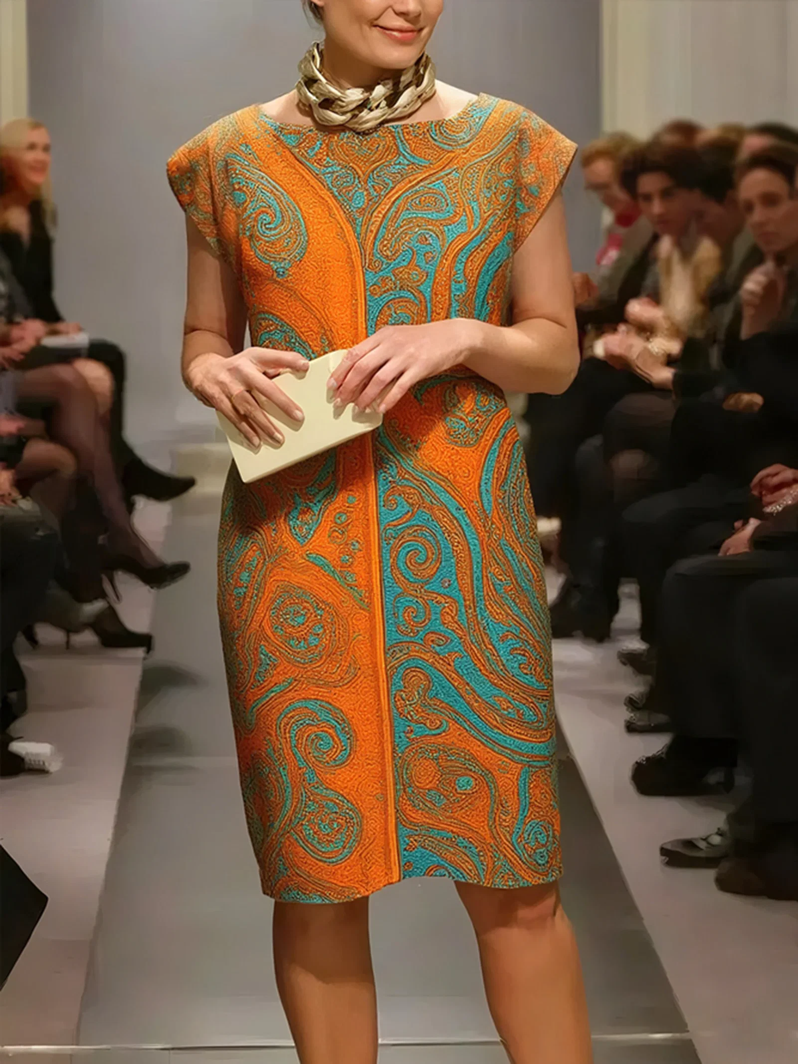 Elegant Paisley Printing Crew Neck Knee Length Dress
