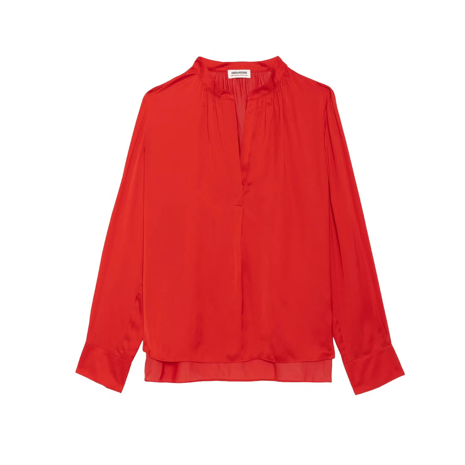 Red silk long-sleeve women's blouse with split V-neck and relaxed fit, photographed on white background