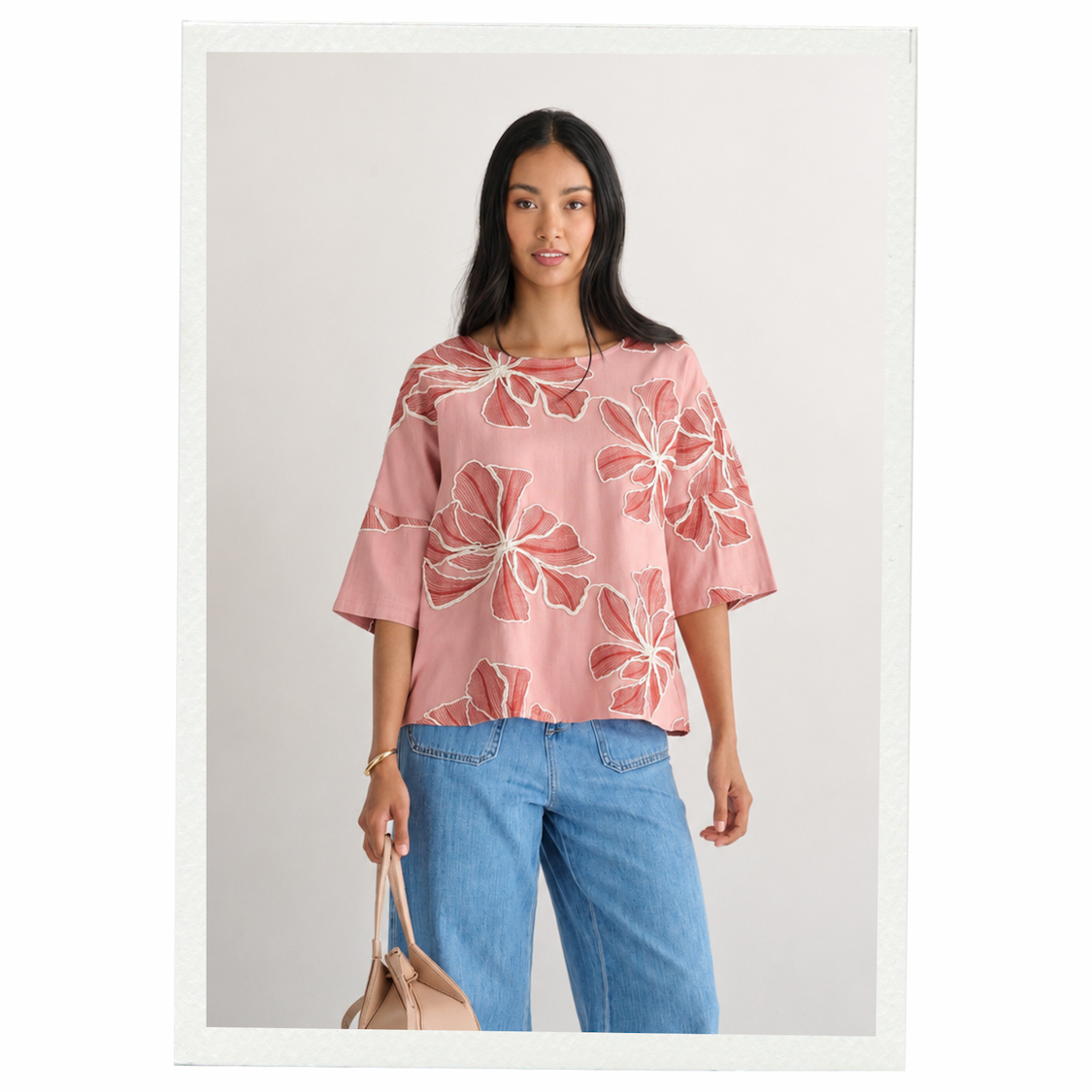 Floral Embroidered Relax Fit Top in Pink