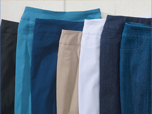 An image promoting slimsation pants featuring tummy-control, slim-fit pants in 5 styles and colors.