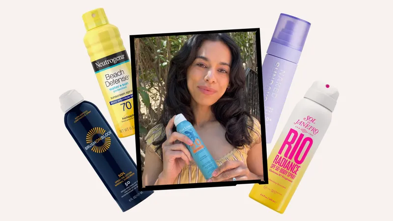 A collage of a photo of a women holding a sunscreen spray surrounded by additional sunscreen spray bottles