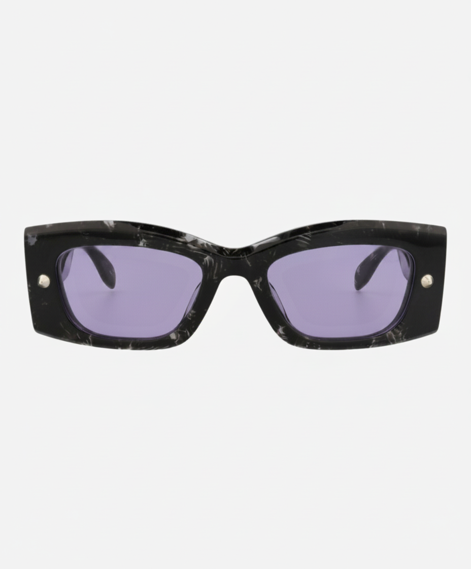 Rectangular sunglasses with a black and white marbled frame and purple lenses.