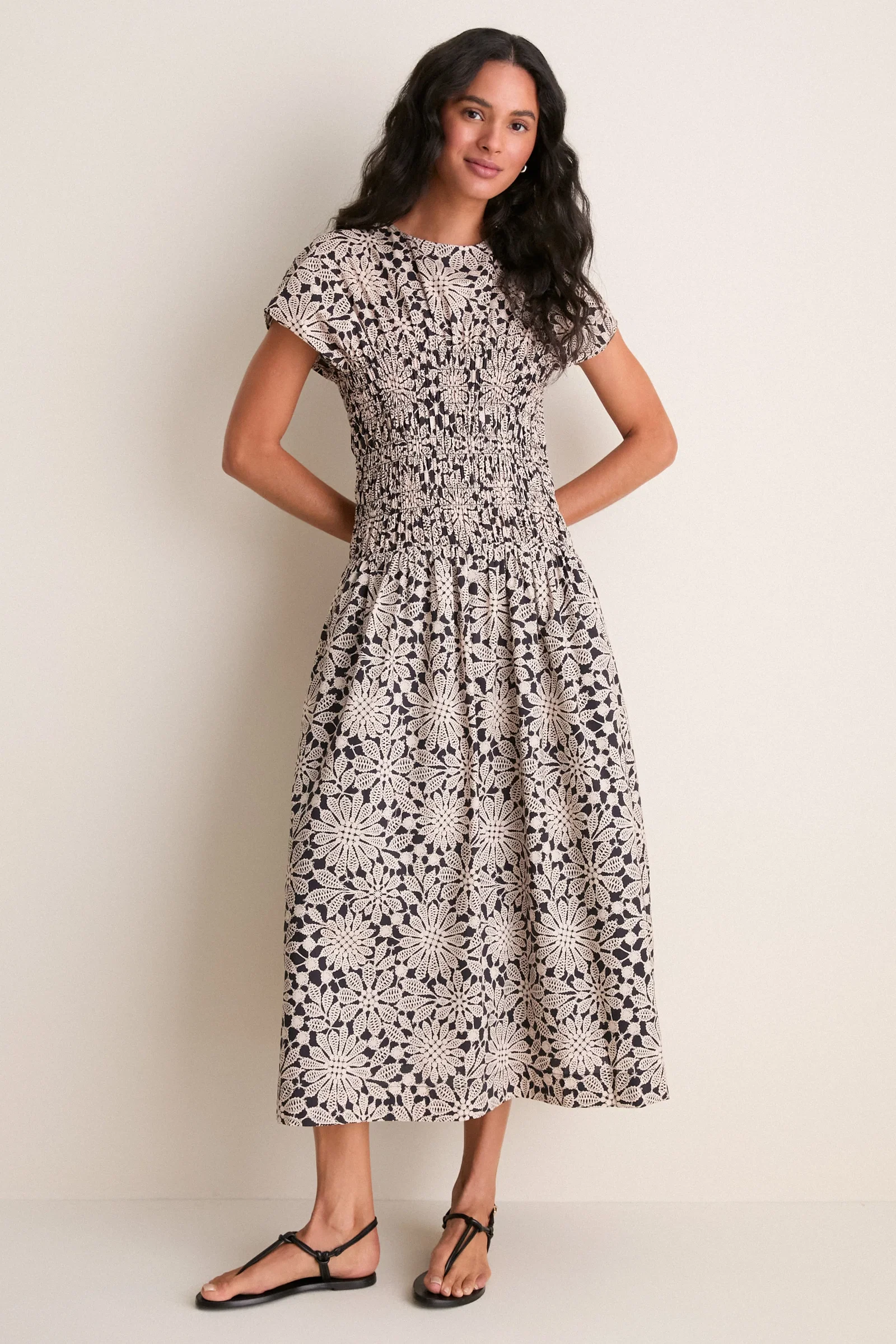 Image of Black & Tan Printed Floral Smocked Rollins Midi Dress