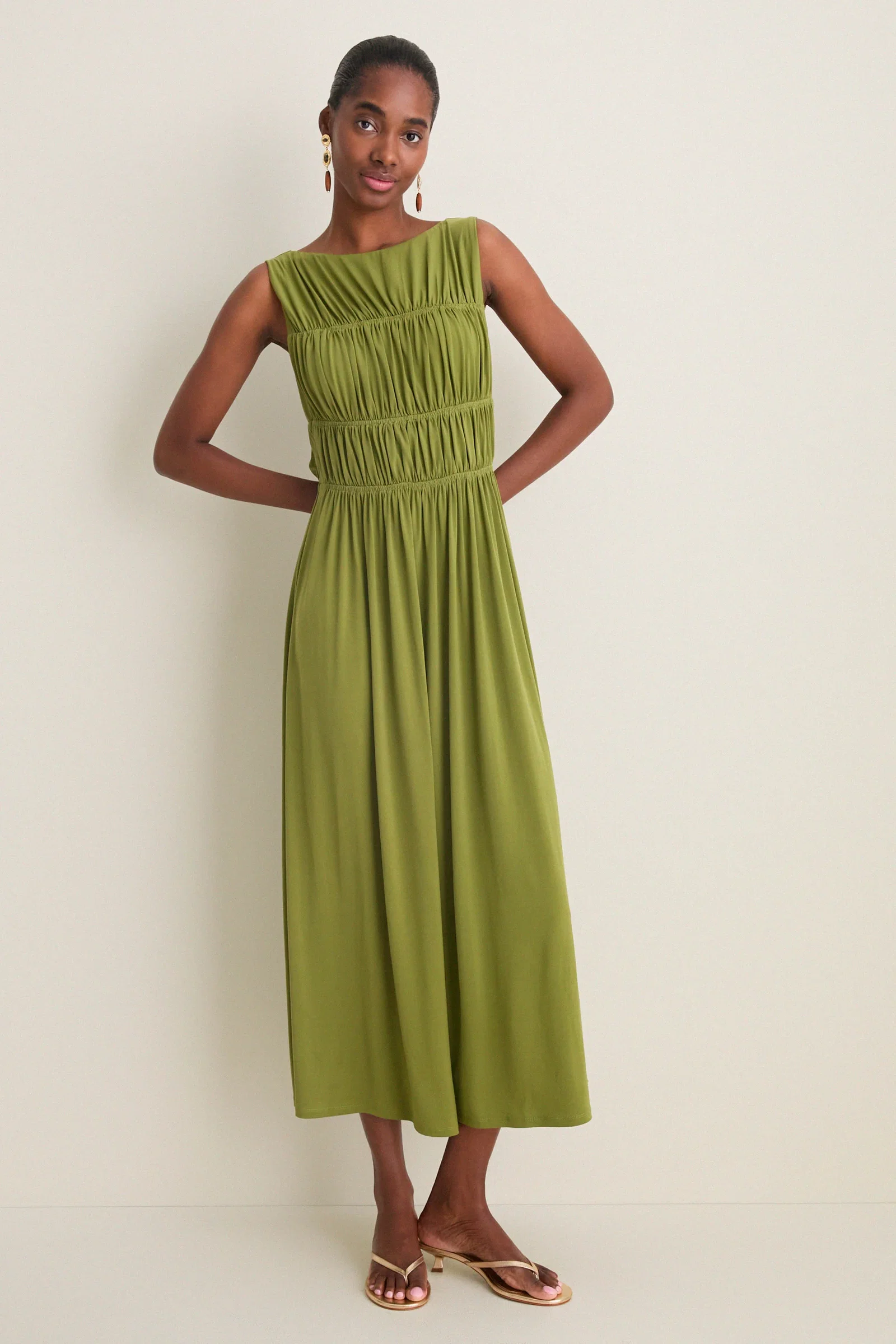 Image of Cedar Green Crepe Jersey Smocked Aurelia Dress