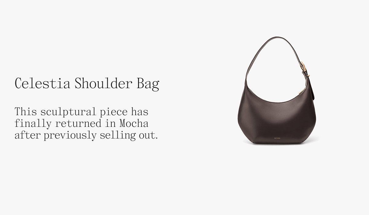 Celestia Shoulder Bag This sculptural piece has finally returned in Mocha after previously selling out.