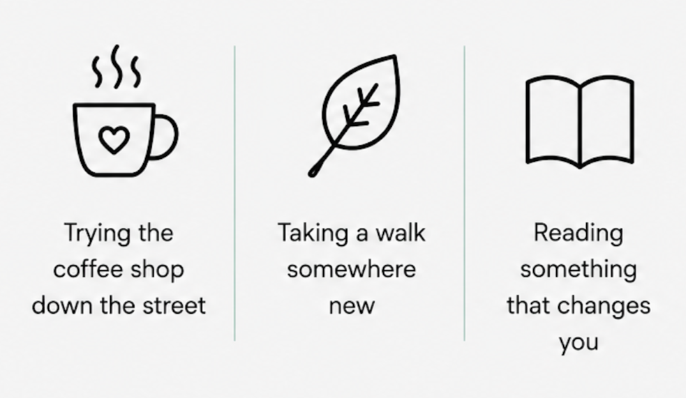 Infographic showing that everyday moments can be adventures. Text reads, “Living fully doesn’t always look like a big, extravagant trip. Sometimes it looks like…” followed by examples including trying a neighborhood coffee shop, taking a walk somewhere new, reading something that changes you, cooking a new recipe, watching the sunrise, and making time for yourself.