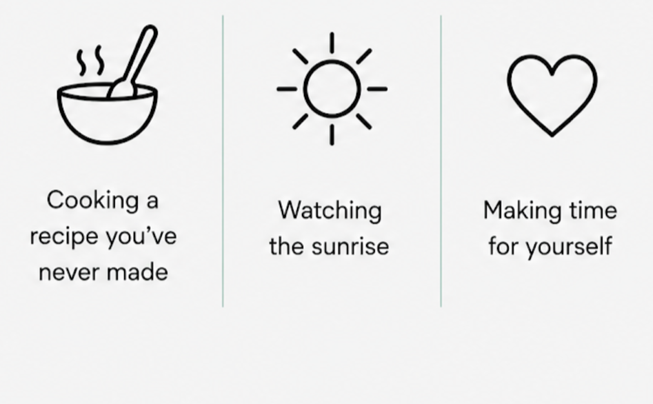 Infographic showing that everyday moments can be adventures. Text reads, “Living fully doesn’t always look like a big, extravagant trip. Sometimes it looks like…” followed by examples including trying a neighborhood coffee shop, taking a walk somewhere new, reading something that changes you, cooking a new recipe, watching the sunrise, and making time for yourself.