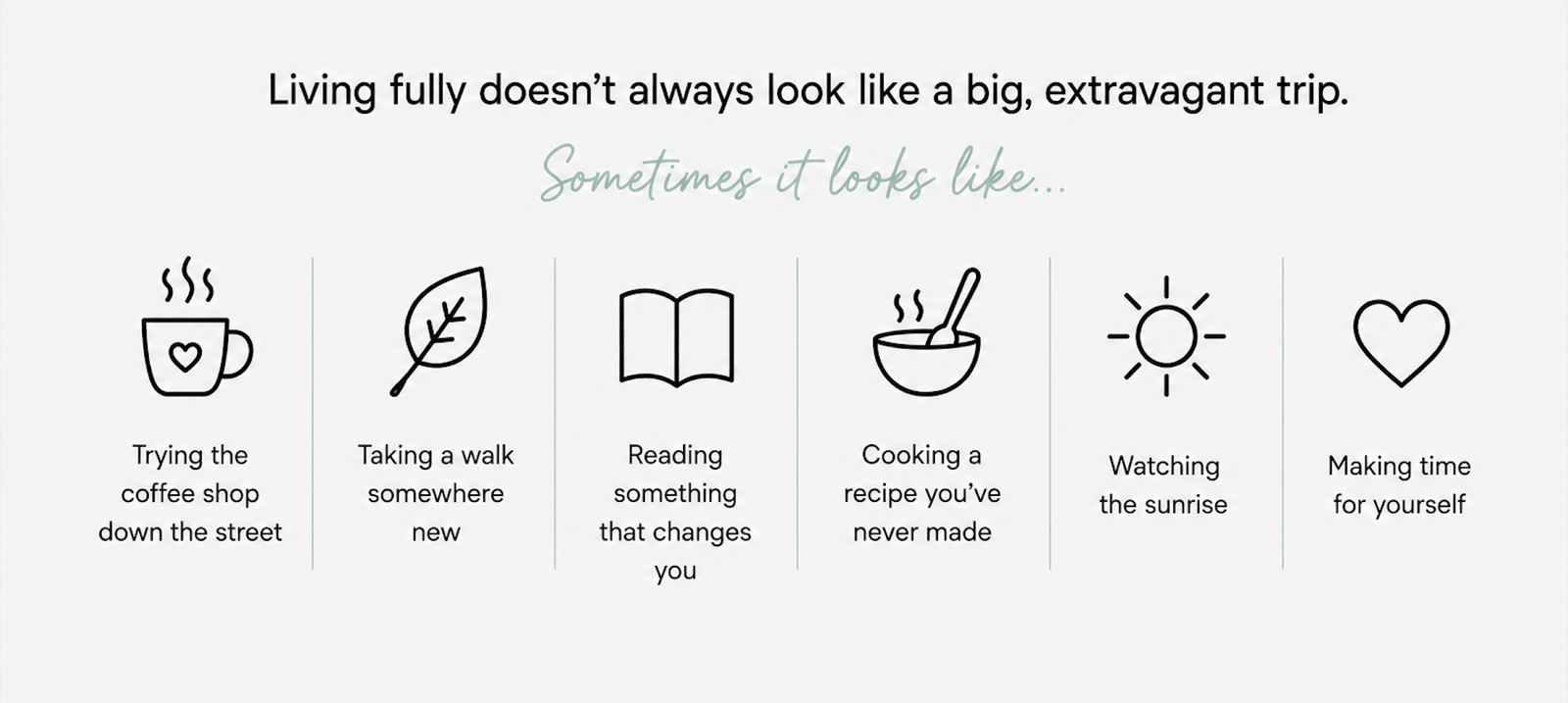 Infographic showing that everyday moments can be adventures. Text reads, “Living fully doesn’t always look like a big, extravagant trip. Sometimes it looks like…” followed by examples including trying a neighborhood coffee shop, taking a walk somewhere new, reading something that changes you, cooking a new recipe, watching the sunrise, and making time for yourself.