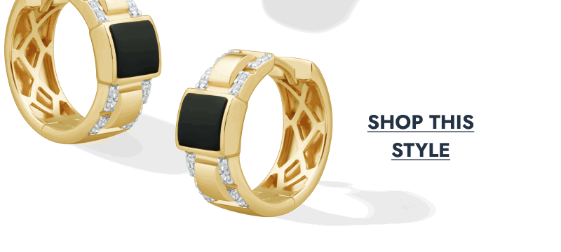 Yellow gold hoop earrings with black onyx inlays and channel-set diamond accents.