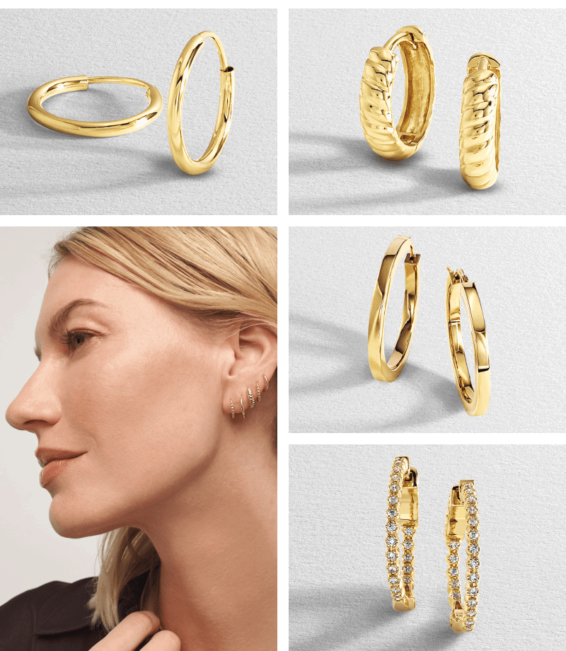 Various yellow gold hoop earrings featuring a textured design, with diamonds and on model.