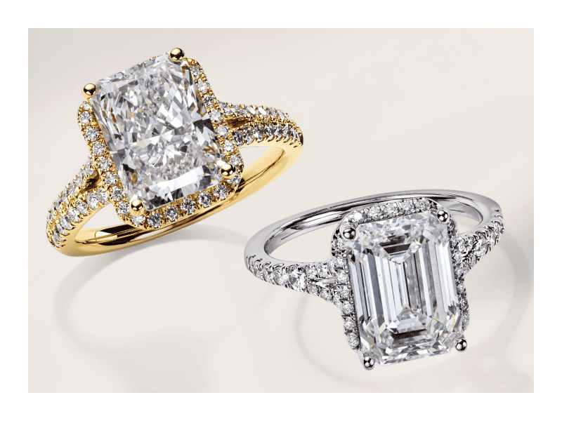 Yellow gold radiant-cut halo engagement ring and white gold emerald-cut engagement ring with pavé diamond bands.