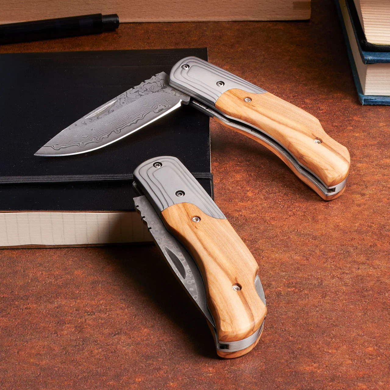 Image of Damascus Blade & Olivewood Folding Clip Knife