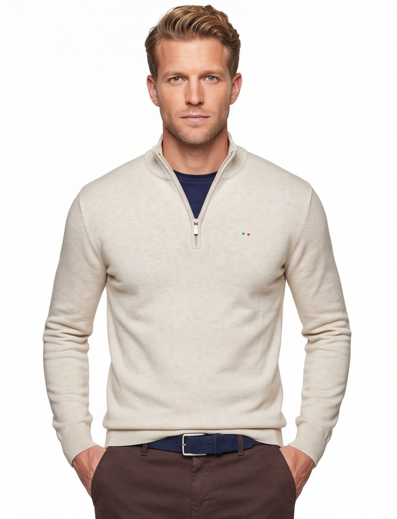 ecru Portofino half zip trui met boord