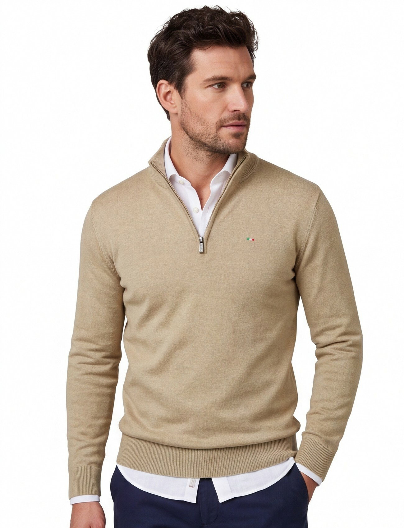 beige Portofino half zip trui met boord
