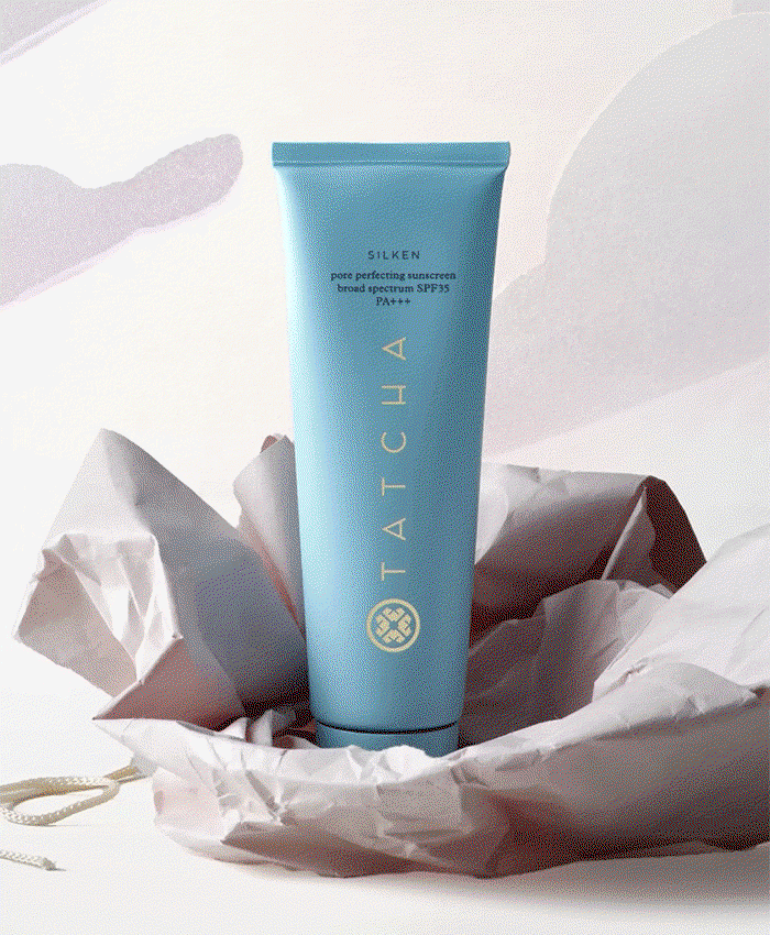 A gif of The Silken Sunscreen by Tatcha with an animated bird flying across the screen
