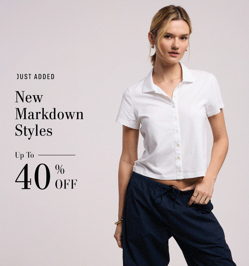 Image shows a model wearing the Arlene Top in White.  Image shows a model wearing the Casey Top in Sun.  Image shows a model wearing the Angie Top in Black and White. JUST ADDED NEW MARKDOWN STYLES UP TO 40% OFF.