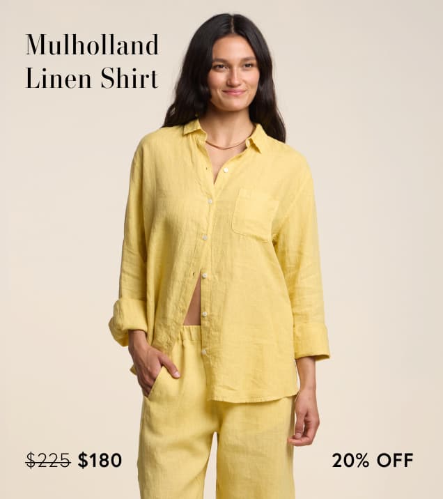 Image shows a model wearing the Mulholland Linen Shirt in Sun.