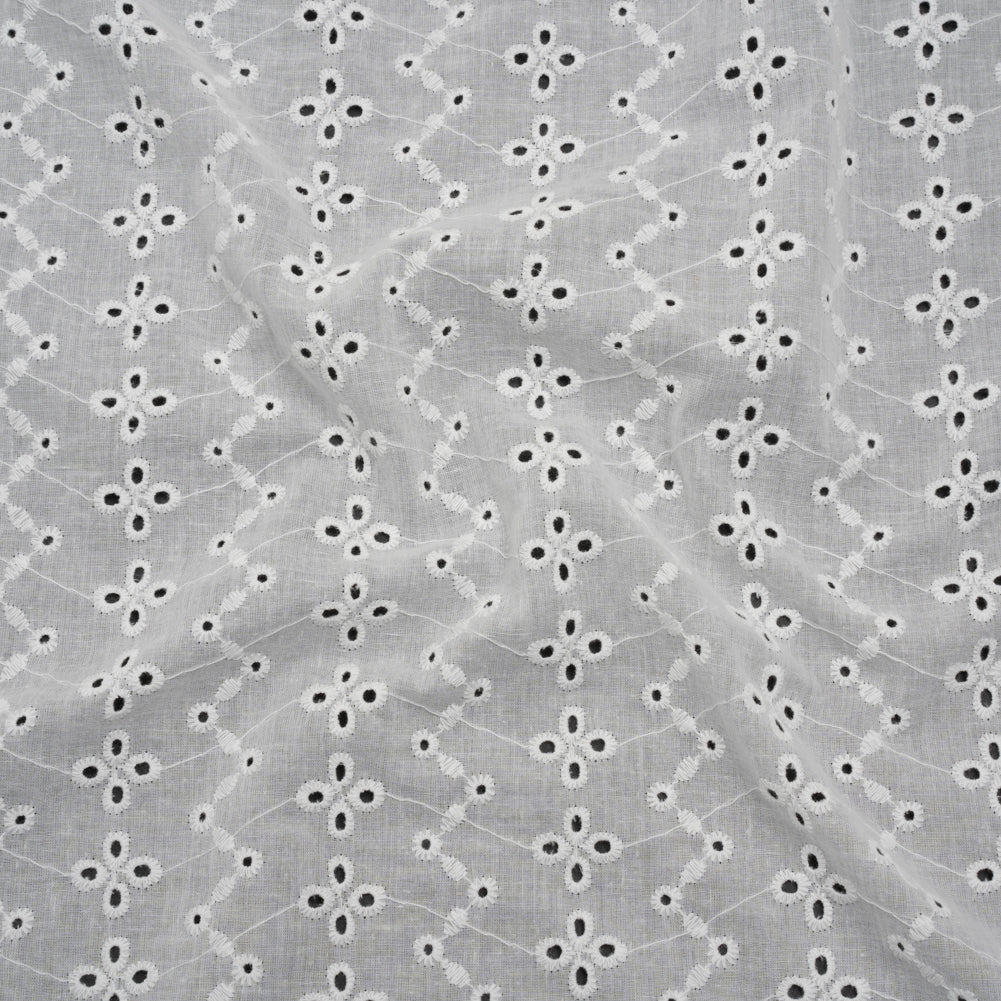 Image of Embroidered Eyelet Cotton Voile - White Floral Zig Zags and Stripes - Naomi Collection