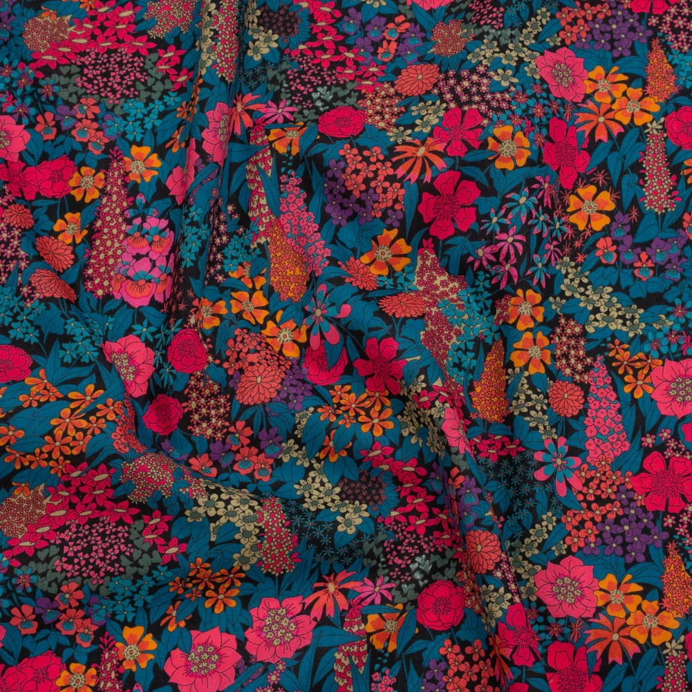 Image of Liberty Fabrics Tana Lawn® - Ciara Pink - Deep Blue, Pink and Orange Flower Garden