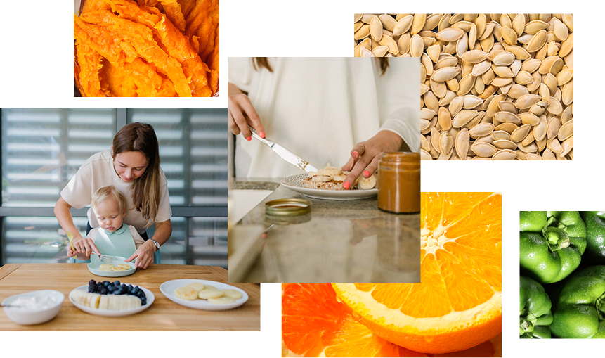 Food & Cooking Collage | Sweet potato | Mom with toddler making pancakes | Woman making toast with peanutbutter | Pumpkin seeds | Orange Slices | Green Peppers