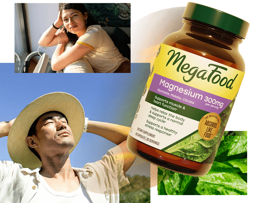Magnesium 300mg Collage | Woman leaning on the arm of a couch | Man with a hat with eyes closed facing up to the sky | Spinach | Magnesium 300mg Amber Glass Bottle