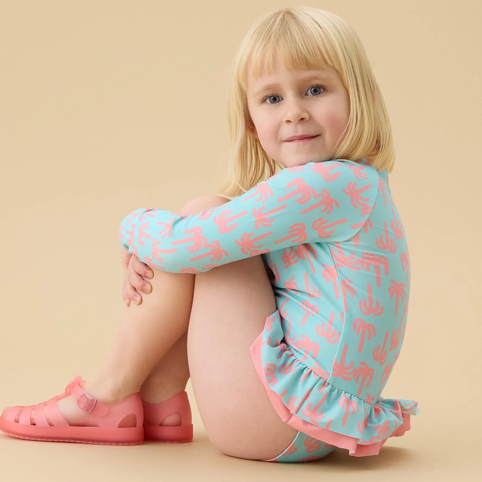 Image of KIDLY by MORI Long Sleeve Swimsuit - Palm Trees