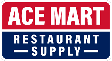 The Ace Mart Logo - A rounded rectangle split in half by a white divider line. The top half is red with white wording "Ace Mart" and bottom deep blue with white wording "Restaurant Supply".